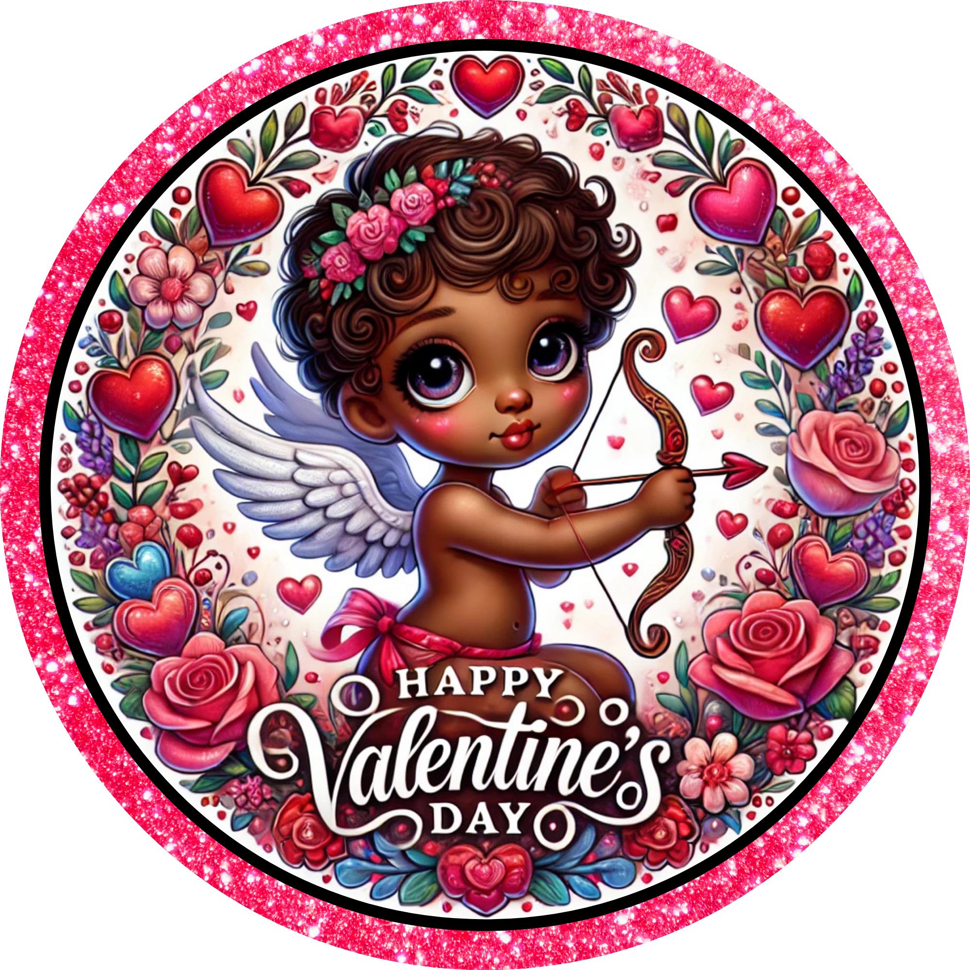 Valentine's Day Cherub Sign, African American Cupid Wreath Sign