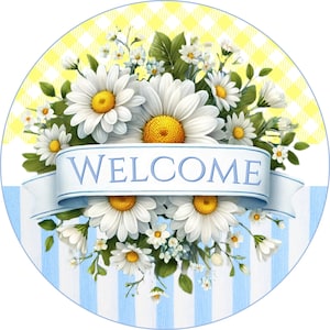 Letrero de bienvenida con corona de margaritas de primavera - Letrero redondo de metal - Decoración de puerta de entrada de primavera estilo granja - Letrero floral de verano - Cuadros azules y amarillos