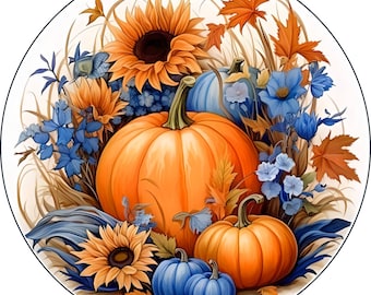 Round Fall wreath sign, Fall leaves &  pumpkin sign,  orange and blue flowers, sunflowers cream background, wreath center, Metal Sign,