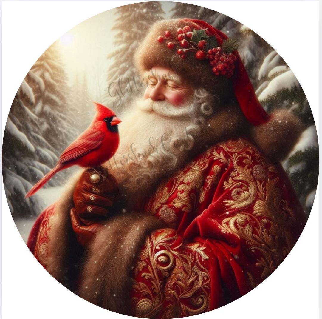 Santa With Cardinal Christmas Wreath Sign – Round Metal Sign, Santa and ...