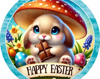 Happy Easter Bunny Wreath Sign - Round Metal Easter Decor - Cute Spring Bunny Sign - Easter Wreath Center - Easter Bunny Sign - Door Hanger