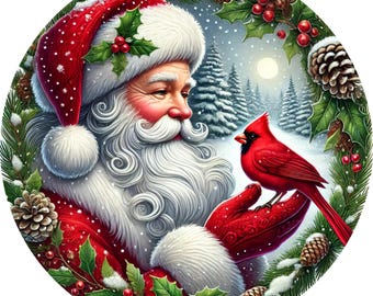 Santa Cardinal Christmas Metal Wreath Sign, Round Winter Decor, Holiday Door Hanger, Vintage Santa Sign, Pinecone Holly Christmas