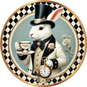 May include: A white rabbit wearing a black top hat and a tuxedo holds a teacup and saucer. The rabbit is holding a pocket watch in its other hand. The background is a black and white checkered pattern.