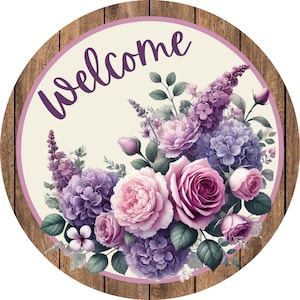 Welcome Floral Metal Wreath Sign, Purple & Pink Flowers, Spring Summer Front Door Decor, Round Aluminum Sign, Rustic Wooden Background