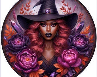 May include: A digital illustration of a witch with dark skin, wearing a black pointed hat and a black dress. She has long, red hair and is surrounded by purple and pink flowers and leaves. The background is a dark purple.