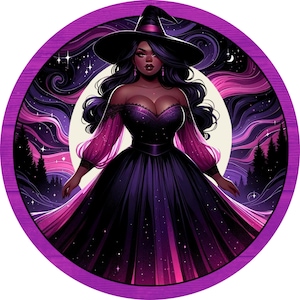 African American Full-Figure Witch Wreath Sign – 8&quot;, 10&quot;, 11.75&quot; | Elegant Halloween Witch in Black and Purple Gown, Wall Art, door hanger