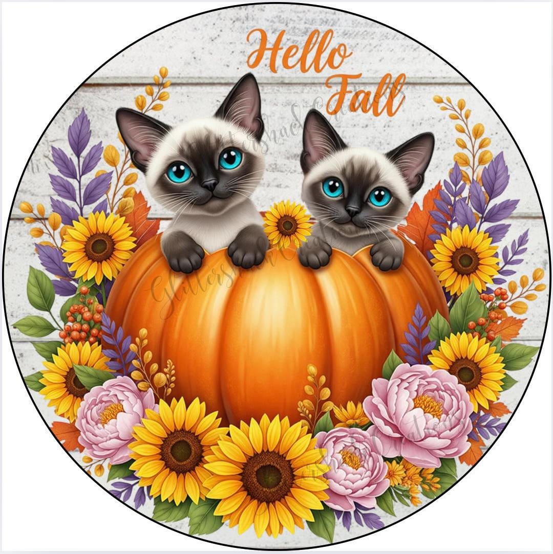 Hello Fall Wreath Sign With Siamese Cats in Pumpkin | Fall Metal Door ...