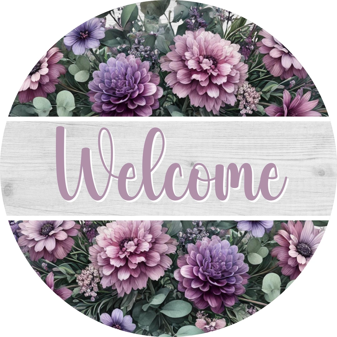 Welcome Violet Floral Welcome Wreath Sign, Purple Pink Flowers, Aluminum Metal Decor ...