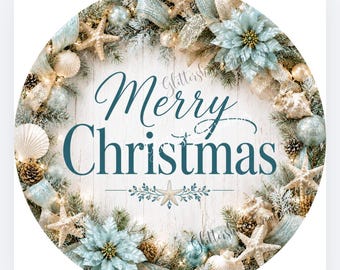 Aqua Coastal Christmas Wreath Sign, Merry Christmas Beach Decor, Starfish Seashell Holiday Sign, Coastal Christmas Door Decor