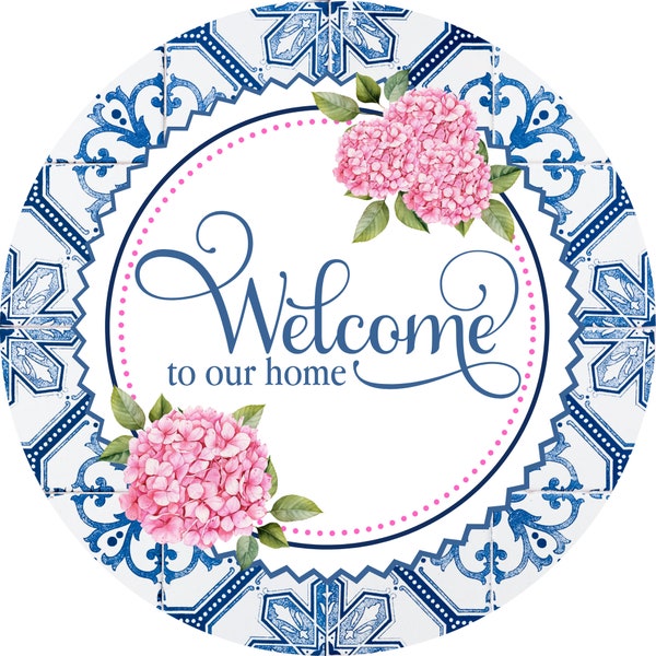 Round  Blue and White Chinoiserie pattern and hydrangeas Welcome sign,  door hanger, wall decor, wreath sign, everyday sign, wall art,