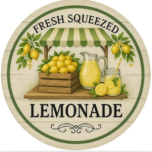 Fresh Squeezed Lemonade Sign Summer Decor, Round Lemon Fruit Stand Wreath Sign, Rustic Kitchen Sign, Metal Summer Porch Decor, Door hanger