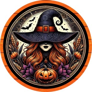 Elegant Halloween Witch Wreath Sign – Available in 8&quot;, 10&quot;, 11.75&quot; | Glamorous Witch with orange and Black, wall art, door hanger