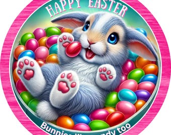 Happy Easter Bunny Metal Wreath Sign - Easter Decor - Spring Door Sign - Cute Bunny Sign - Pastel Easter Sign - Candy Theme Wreath Sign