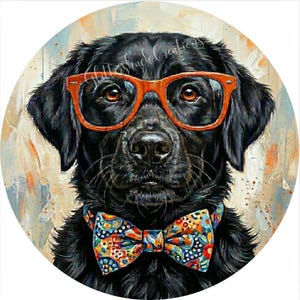 May include: A round, artistic image of a black Labrador Retriever wearing orange glasses and a colorful bow tie. The dog's fur is black, and the bow tie features a vibrant pattern of red, blue, and yellow. The background has a painterly effect.