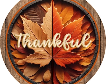 Round Metal Fall Wreath Sign Handcrafted Floral Autumn Decoration with Wooden Look Rim - Perfect for Front Door, Indoor Seasonal Decor