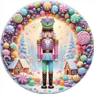 May include: A whimsical illustration of a nutcracker soldier surrounded by colorful candies and gingerbread houses. The nutcracker is dressed in a pink, purple, and teal uniform with a green hat. The background features a winter scene with snow-covered trees.