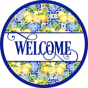 Letrero de bienvenida redondo de limón, fondo de azulejos de Delft azules y blancos, colgador de puerta, decoración de pared, letrero para corona, decoración de verano, letrero de primavera
