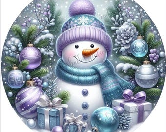 May include: A whimsical illustration of a snowman wearing a purple hat and scarf, surrounded by Christmas ornaments and gifts. The snowman has a carrot nose and a cheerful smile. The color palette includes shades of blue, purple, and white, creating a festive winter scene.