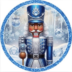 May include: A digital illustration of a blue and silver nutcracker soldier in a winter scene. The nutcracker wears a blue hat with a jewel, a blue uniform with silver trim, and holds a staff. The background features snowflakes and ornaments.