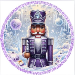 May include: A digital illustration of a purple nutcracker soldier in a winter scene. The nutcracker wears a purple uniform and hat with a silver gem. The background features snow, snowflakes, and ornaments, all within a circular frame with a glittery purple border.