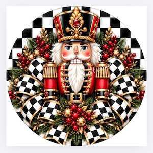 May include: A circular graphic featuring a nutcracker in a red and gold uniform with a white beard, surrounded by a black and white checkered ribbon, green pine branches, red berries, and gold ornaments against a black and white checkered background.
