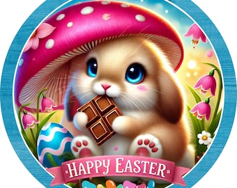 Cute Easter Bunny Wreath Sign - Round Metal Happy Easter Decor - Pastel Spring Bunny Sign - Easter Wreath Center - Easter Sign, Door Hanger