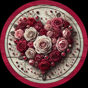 Elegant Valentine's Wreath Sign - Romantic Floral Heart Design with Roses & Gem Accents - Round Metal Sign - 8”, 10”, 11.75” Sizes