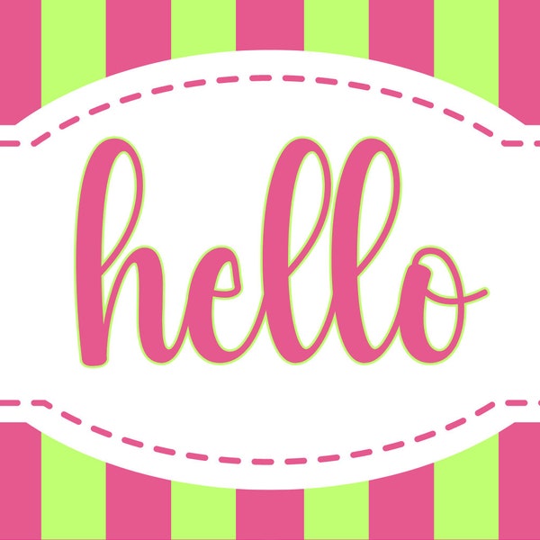 Modern Pink and Lime Green Vertical stripe, with either Hello or Welcome, door hanger, wreath attachment, Metal sign, hello