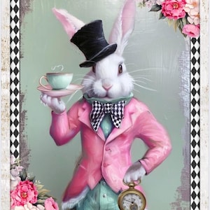 May include: A white rabbit wearing a pink jacket, a black top hat, and a bow tie holds a teacup and saucer. The rabbit is standing in front of a green background with pink flowers.