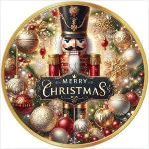 May include: Circular Christmas ornament featuring a nutcracker soldier in a black and gold uniform. The ornament includes the words "Merry Christmas" on a black banner, surrounded by red, gold, and silver ornaments and festive greenery.