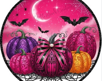 Glam Halloween wreath sign with hot pink, purple & orange pumpkins | Pink moon spooky decor | Round metal Halloween sign for front door