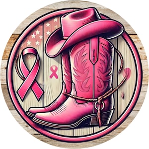 May include: Pink cowboy boots with a pink cowboy hat and a pink ribbon on a wooden background.