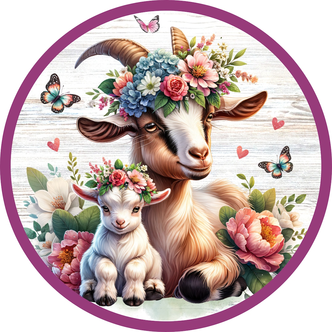 Goat Frame Round Round Mother & Baby Goat Sign, Half Floral Wreath, Country Decor, Door ...