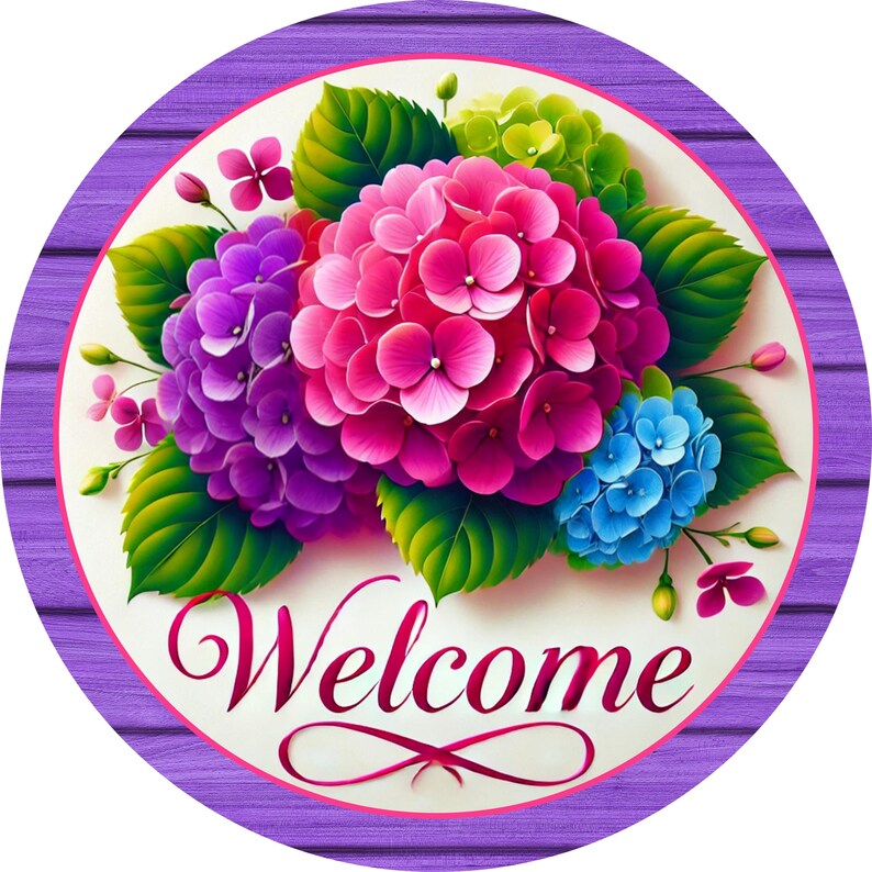 Welcome Hydrangea Wreath Sign - Round Metal Door Hanger - Spring Summer ...