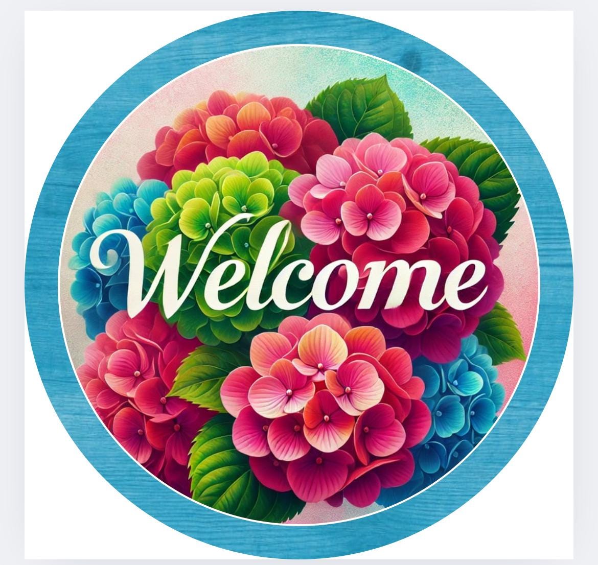 Colorful Hydrangea Welcome Sign - Round Metal Wreath Sign for Front ...