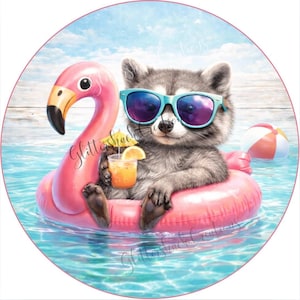 May include: A whimsical illustration of a raccoon wearing sunglasses, relaxing on a pink flamingo float in a pool. The raccoon is holding a tropical drink with a tiny umbrella. A beach ball floats nearby, with a blue sky and water background.