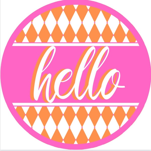 Round every day hello sign, orange and white harlequin  w/pink center accent, door hanger, wall decor, sign for wreath, summer decor, spring