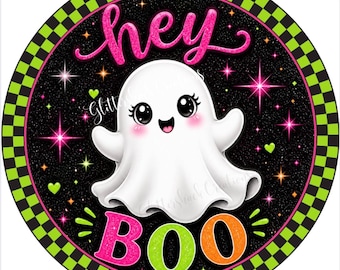 Cute Ghost Halloween Sign, Hey Boo Wreath Sign, Pink and Lime Green Halloween Decor, Ghost Door Hanger, Plaque for Wreaths, Spooky Cute Sign