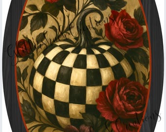 May include: Oval-shaped artwork featuring a black and white checkered pumpkin surrounded by red and dark burgundy roses. The background is a golden hue with dark green leaves and vines. The artwork is framed with a black wooden border.