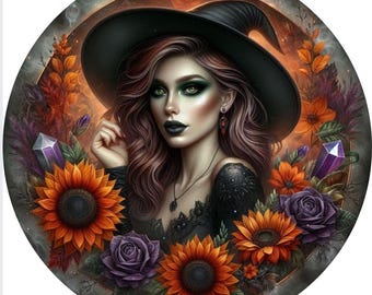 May include: A digital painting of a woman with long, dark red hair wearing a black witch's hat and a black dress. She is surrounded by sunflowers, roses, and crystals. The background is a dark, swirling sky.
