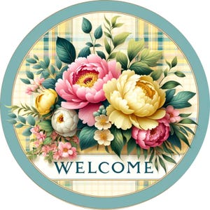 Letrero de bienvenida de peonía vintage, letrero de corona de metal floral amarillo y rosa, colgador de puerta redondo, decoración de porche de primavera y verano de estilo cottagecore, arte de pared