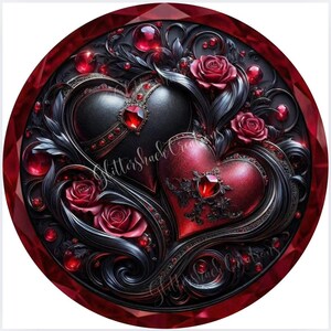 May include: A circular design featuring two ornate hearts, one black and one red, adorned with jewels and roses. The design is set against a dark background with a red jeweled border. The text "Glittershack Creations" is visible.