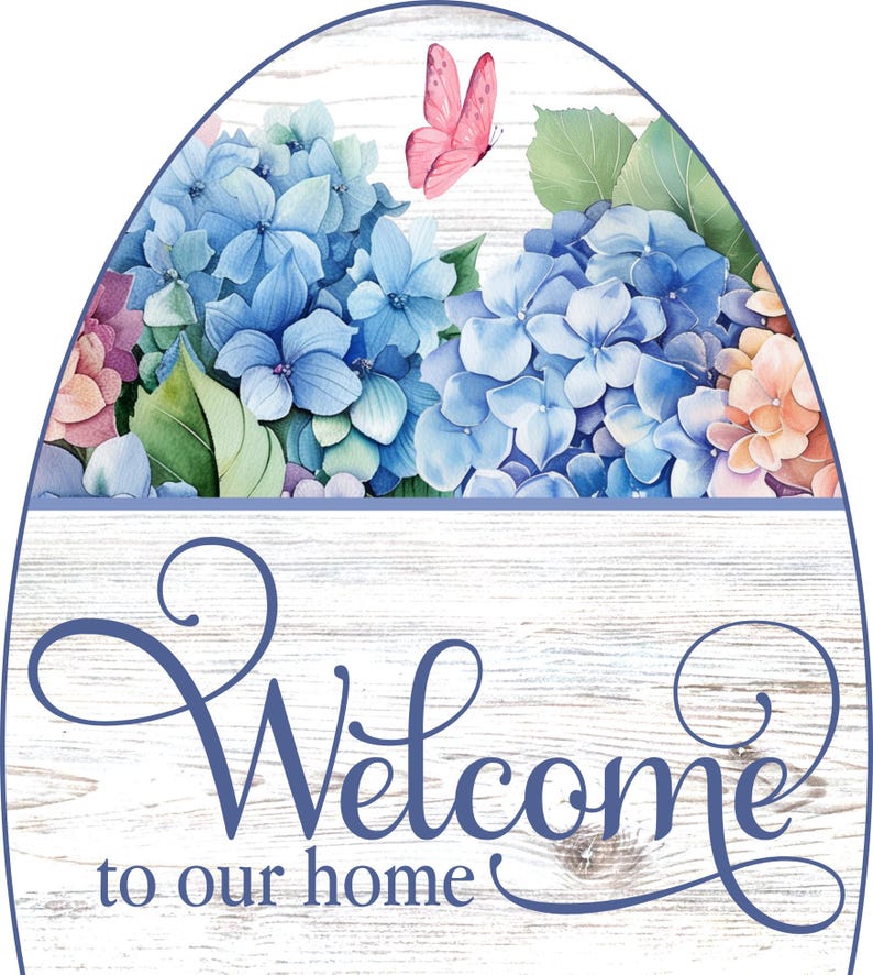 Hydrangea Welcome Sign 7x12 Oval Metal Wreath Sign Blue Floral Spring ...