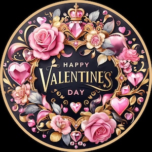 Elegant Valentine’s Day Metal Wreath Sign - Black and Gold Glamour with Pink Roses, Gem Hearts & Crown, Luxe Aluminum Decor, Romantic Gift