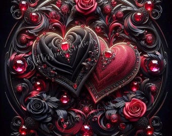 May include: An ornate, heart-shaped design with a black and red color scheme. Two textured hearts are the focal point, adorned with red jewels and surrounded by roses and decorative elements. The text "GlitterShade Creations" is visible.
