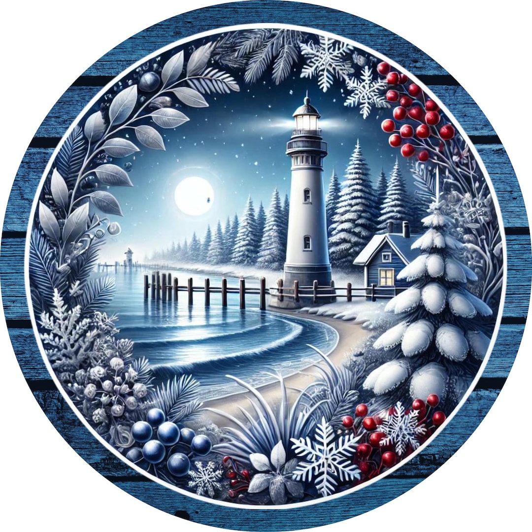Winter Coastal Lighthouse Sign, Blue and White Nautical Christmas Decor ...