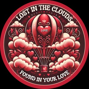 May include: A circular design with a red and white hot air balloon, surrounded by clouds and hearts. The text "LOST IN THE CLOUDS" and "FOUND IN YOUR LOVE" are in white. The balloon has a heart with the word "LOVE".