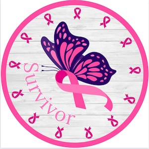 Round Breast Cancer Survivor sign, Awareness Decor, wall decor, sign for wreath, Butterfly and awareness ribbon, fighting with Grace