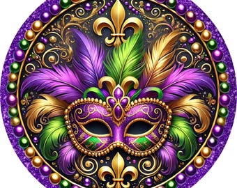 Mardi Gras Wreath Sign | Round Beaded Border | Glitter Purple & Green Options | Lightweight Aluminum Decor, Mardi Gras decor, Party decor