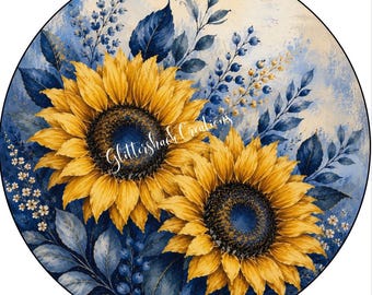 Sunflower Door Hanger Sign, Blue Floral Wreath Plaque, Turquoise Farmhouse Decor, Metal Wreath Sign, Plaques for Wreaths